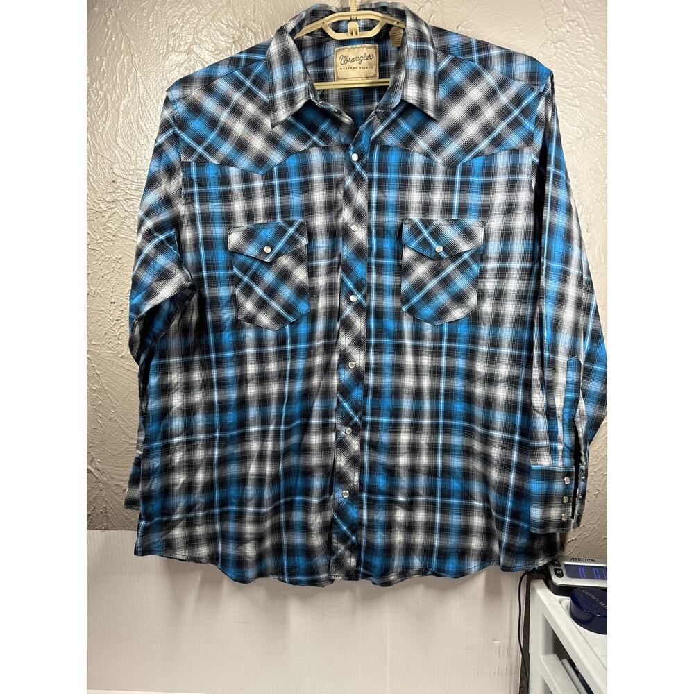 Wrangler Pearl Snap Down Blue Black Mens Shirt Multi Color Pattern Plaid Sz 2XL